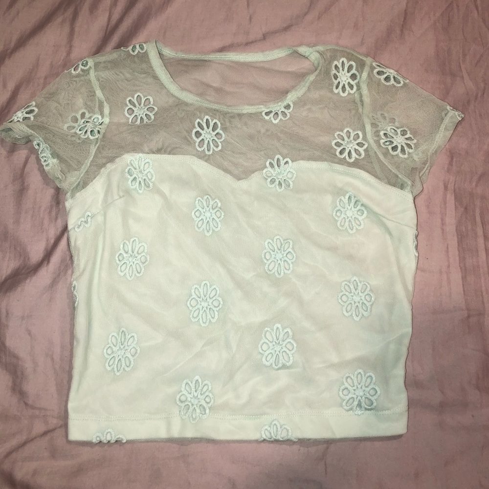 Mint embroidered flower top with sheer back